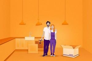 Dessin graphique couleur orange avec couple qui rénove leur habitation avec perceuse